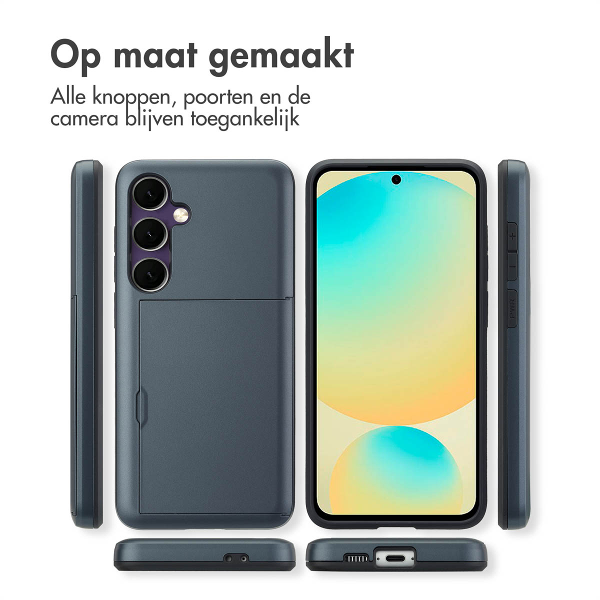 Zwarte telefoonhoes met een telefoon erin. Alle knoppen, poorten en de camera blijven toegankelijk.