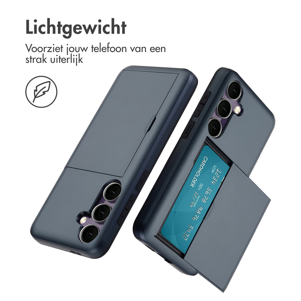 Een telefoon met een blauwgrijze hoes. De hoes heeft een kaarthouder op de achterkant. Een veerpictogram is te zien.