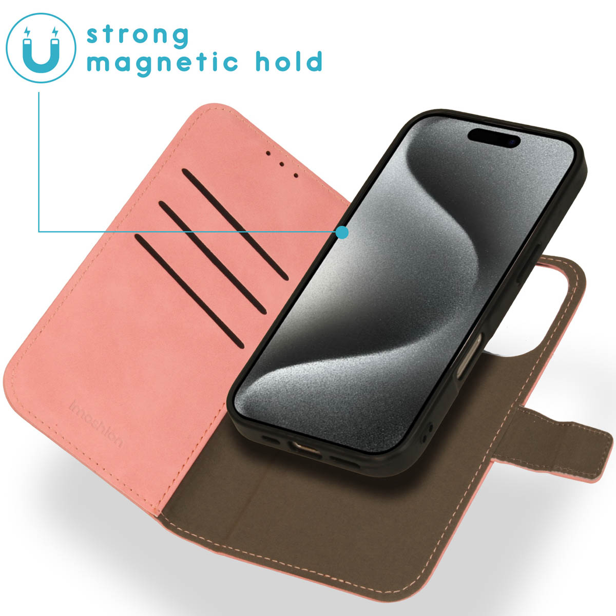 Une coque de téléphone rose ouverte pour montrer un téléphone, avec le texte 'maintien magnétique puissant'. Le téléphone est noir.