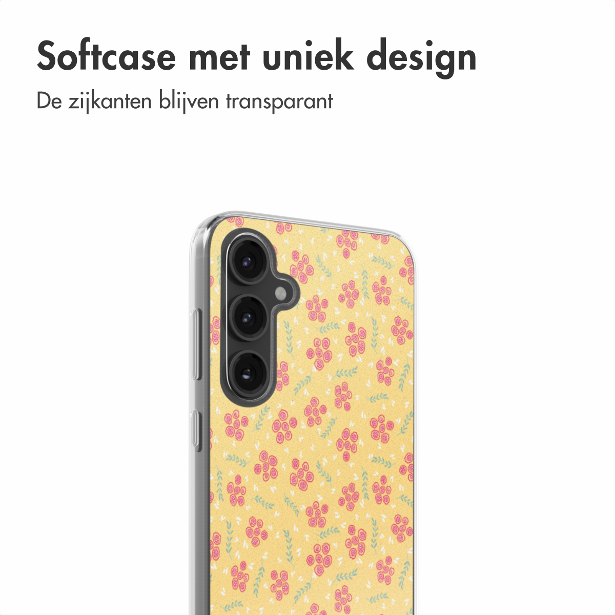 Geel telefoonhoesje met een klein roze bloemenpatroon en transparante zijkanten.