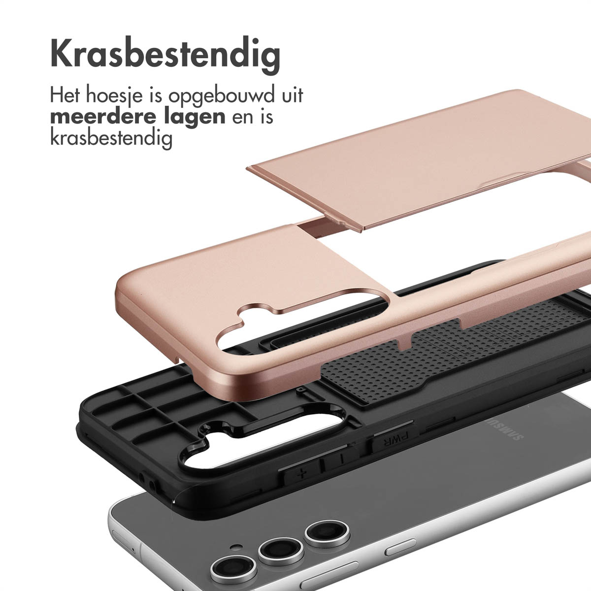 Een geëxplodeerde weergave van een telefoonhoesje. Het bevat een zwarte, roségouden en zwarte laag bovenop een telefoon.