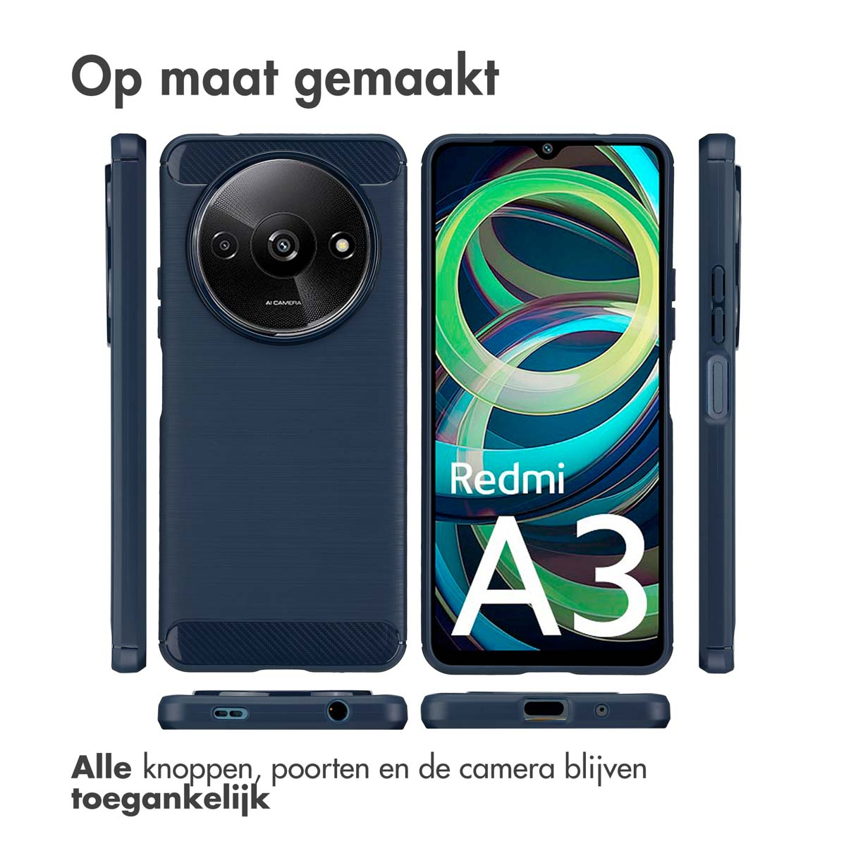 Custodia blu navy con fotocamera e porte visibili. Lo schermo mostra il logo Redmi A3.