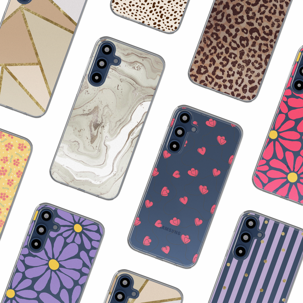 Verschillende telefoonhoesjes met unieke patronen. Witte achtergrond.