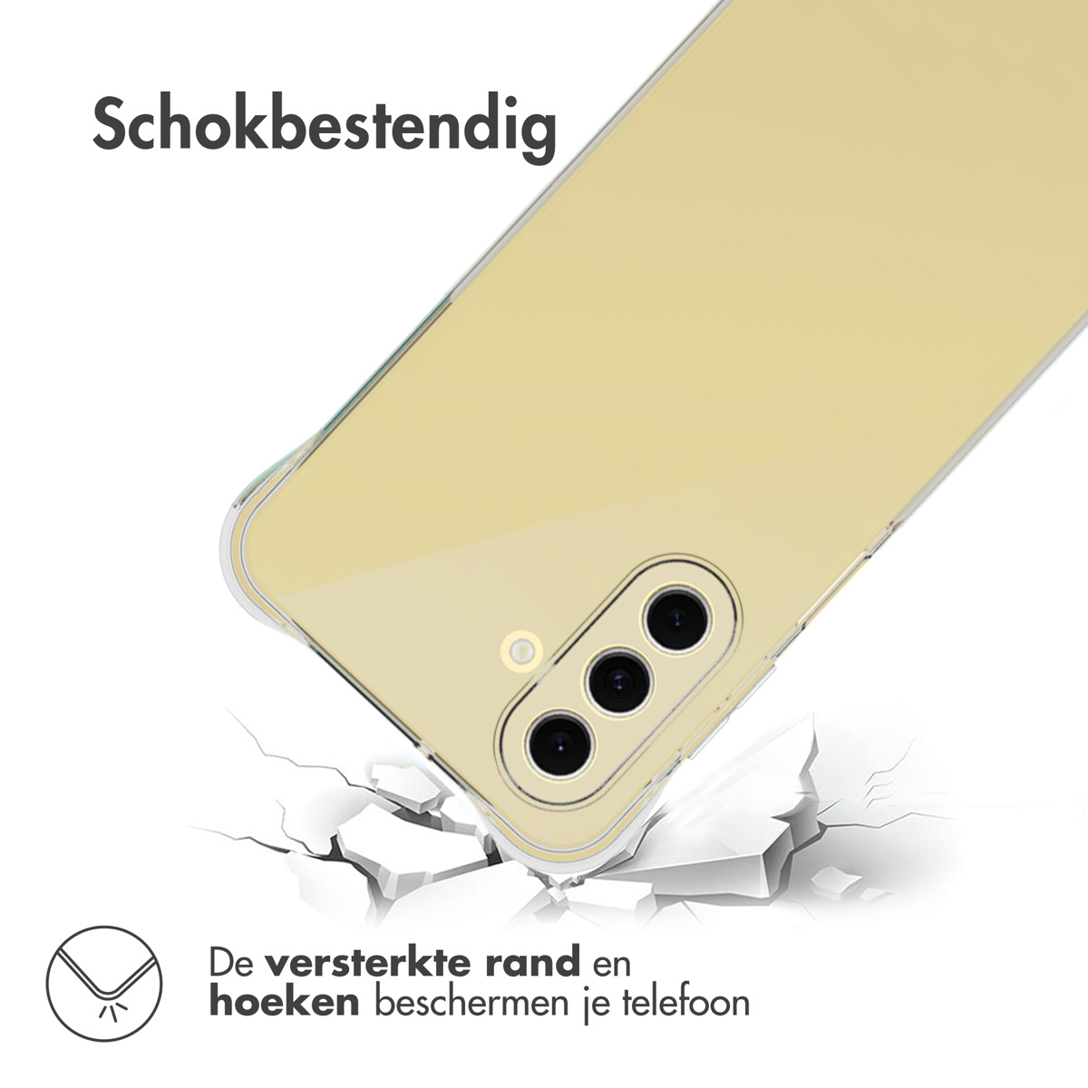 Een gele telefoonhoes breekt een oppervlak. De telefoonhoes heeft drie cameralenzen.