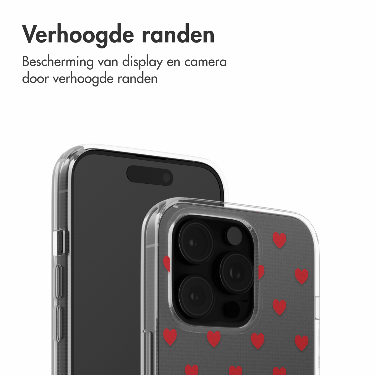 Telefoon met een doorzichtige hoes met rode harten, met verhoogde randbescherming.