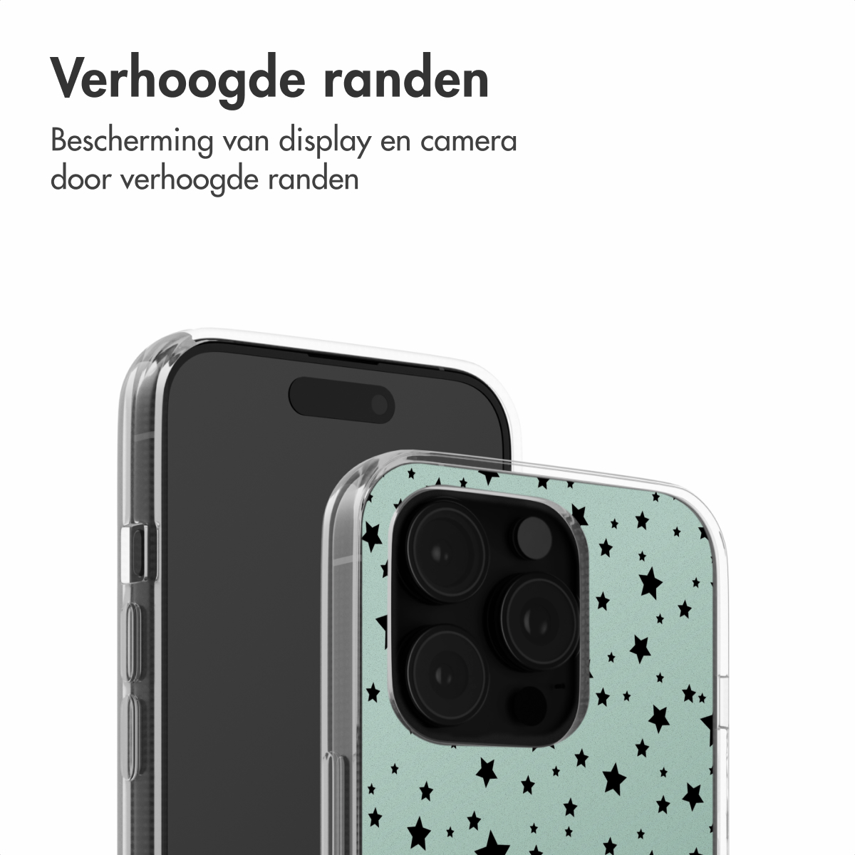 Transparante telefoonhoes met zwarte sterrenprint op lichtgroene achtergrond, beschermt een zwarte telefoon.