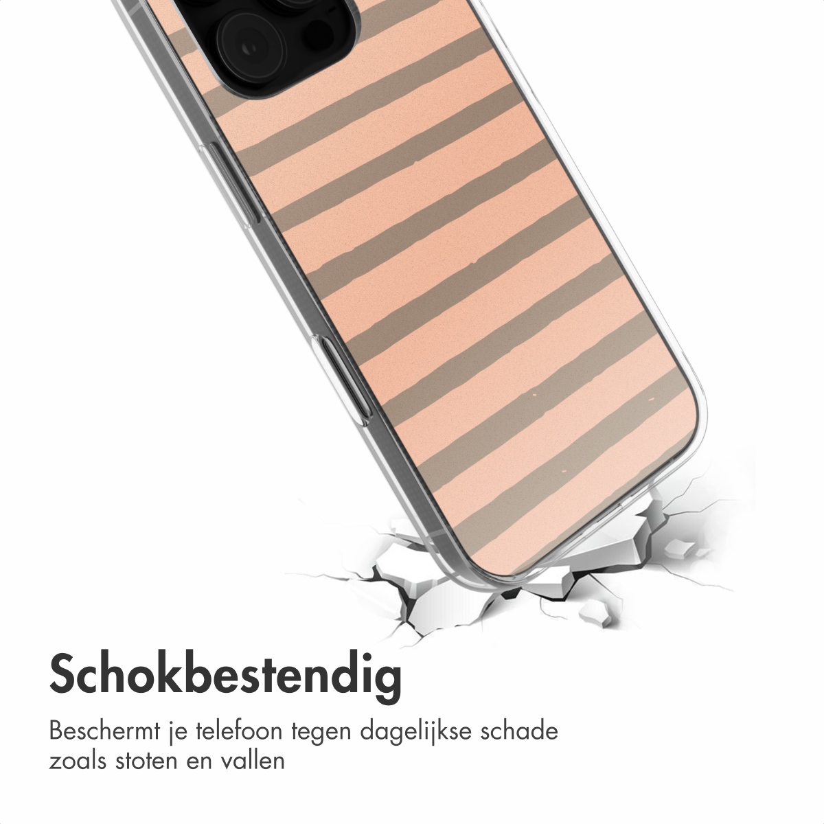 Telefoonhoesje met horizontale strepen. Het telefoonhoesje valt en barst.