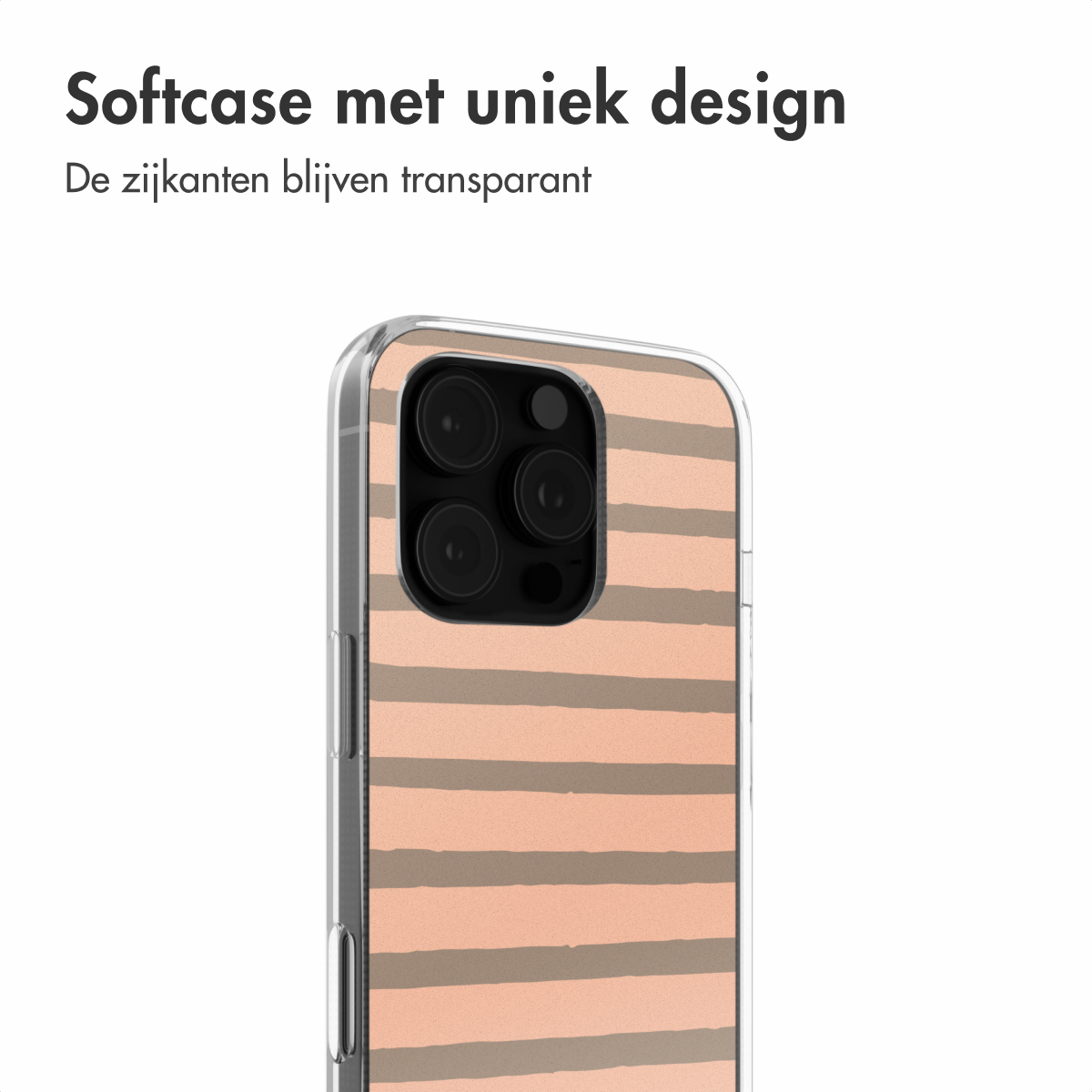 Transparante telefoonhoes met roze en grijze strepen. Zijkanten zijn transparant. Telefoon zit erin.