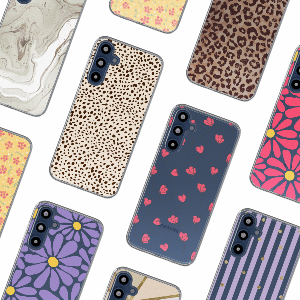 Assortiment de coques de téléphone avec divers motifs : léopard, floral, pois, cœurs et rayures. Toutes sont des coques transparentes.