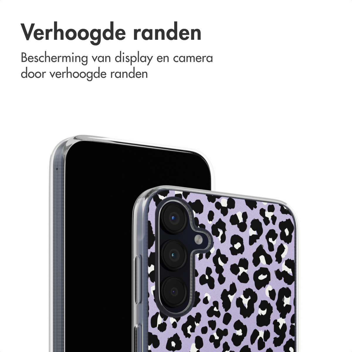 Coque de téléphone avec imprimé léopard violet. Téléphone noir derrière. Texte ci-dessus.