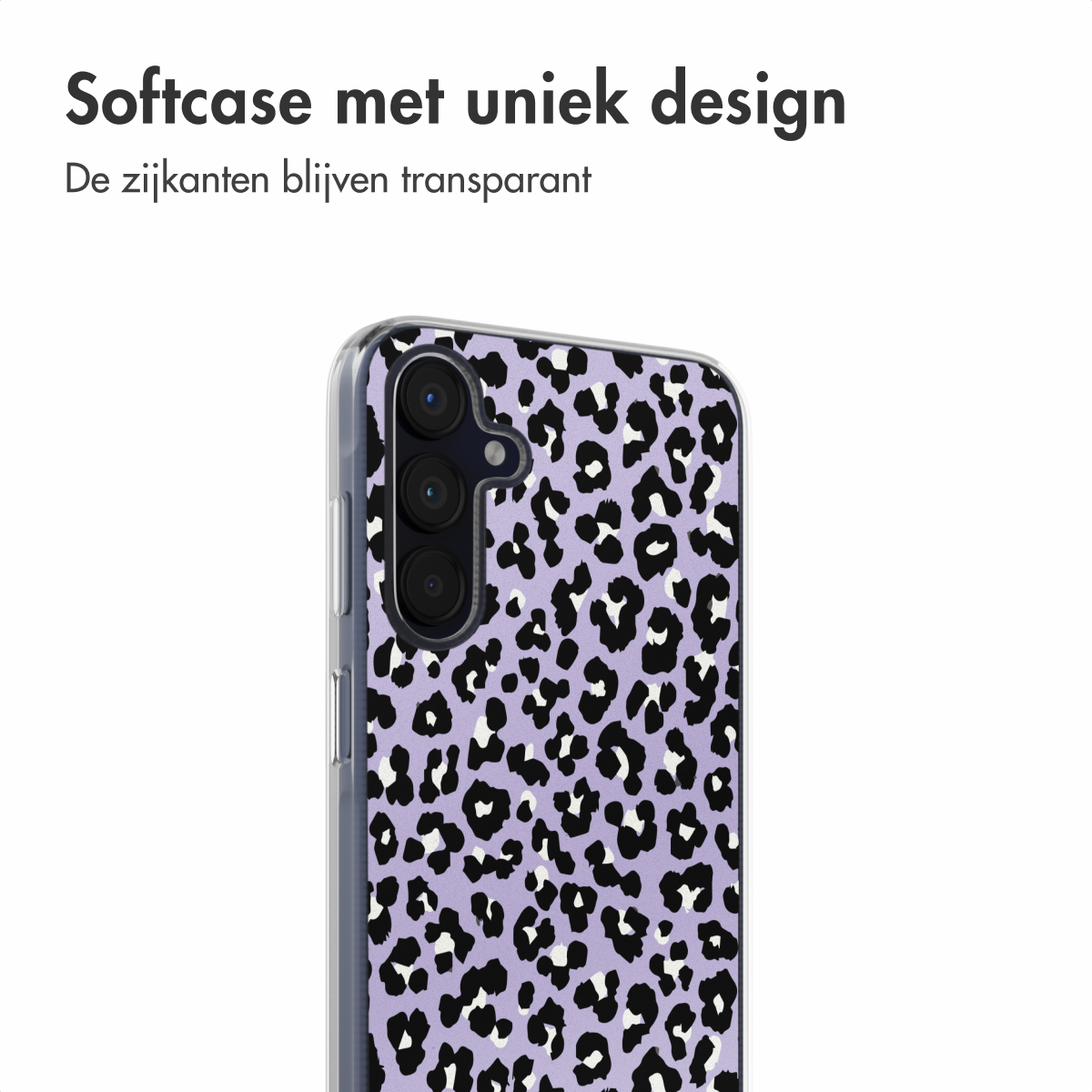 Coque de téléphone transparente avec un motif léopard noir et blanc sur fond lavande.