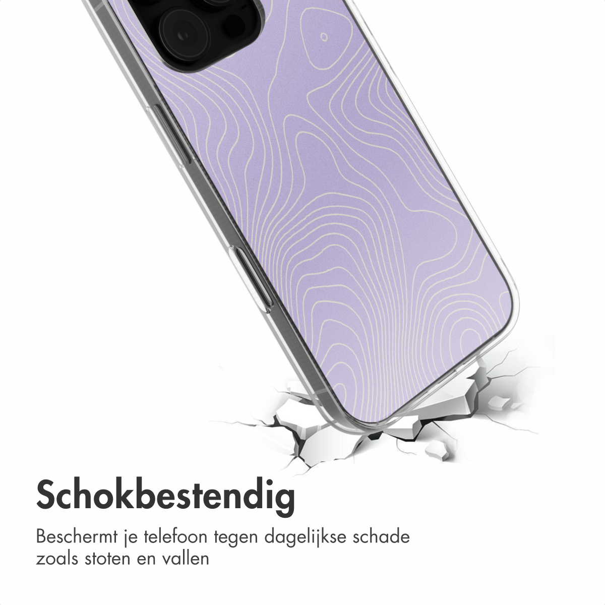 Een telefoonhoesje met een paars kaartontwerp op een gebarsten oppervlak.