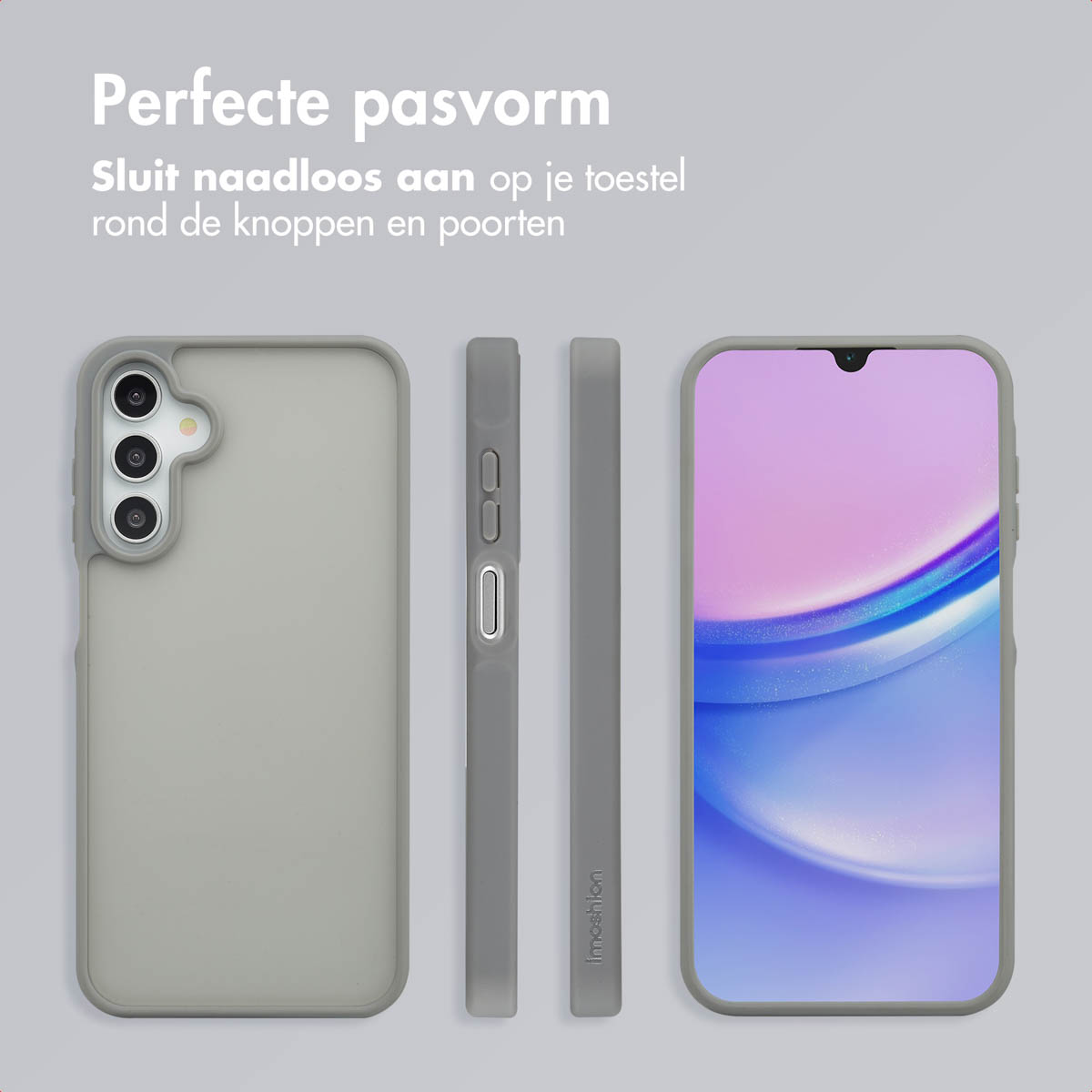 Drie telefoonhoesjes: grijs, zijkant en telefoon met scherm. Tekst erboven.