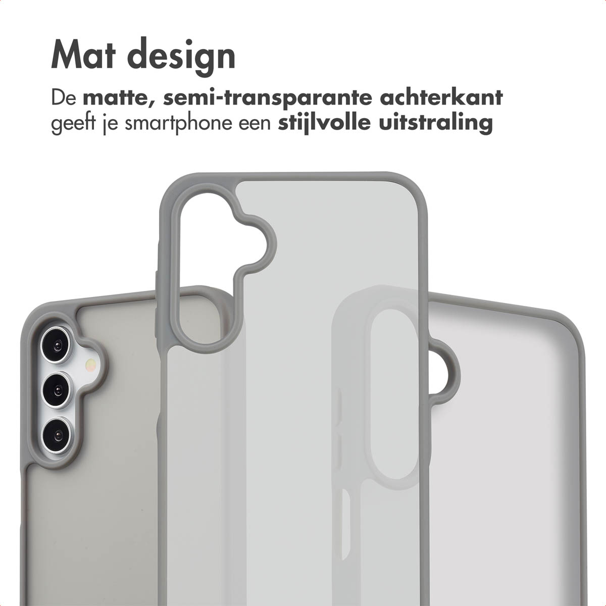 Drie telefoonhoesjes, grijs. De hoesjes zijn mat en semi-transparant.