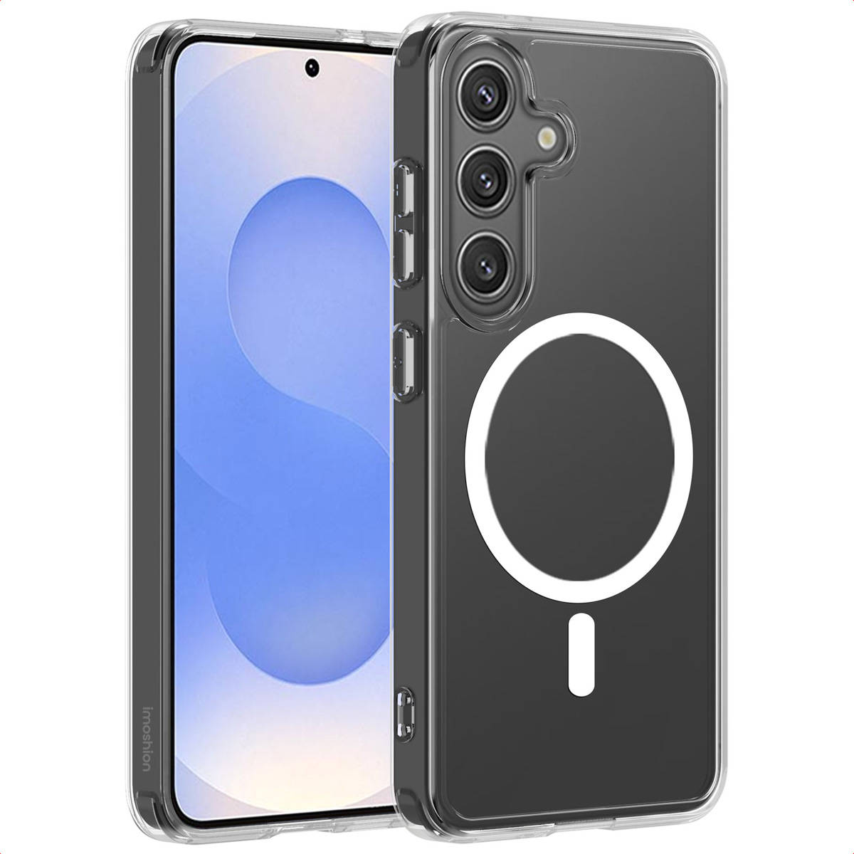 Transparant telefoonhoesje met witte cirkel en minteken. Telefoon binnenin. Transparant hoesje met wit magnetisch design.
