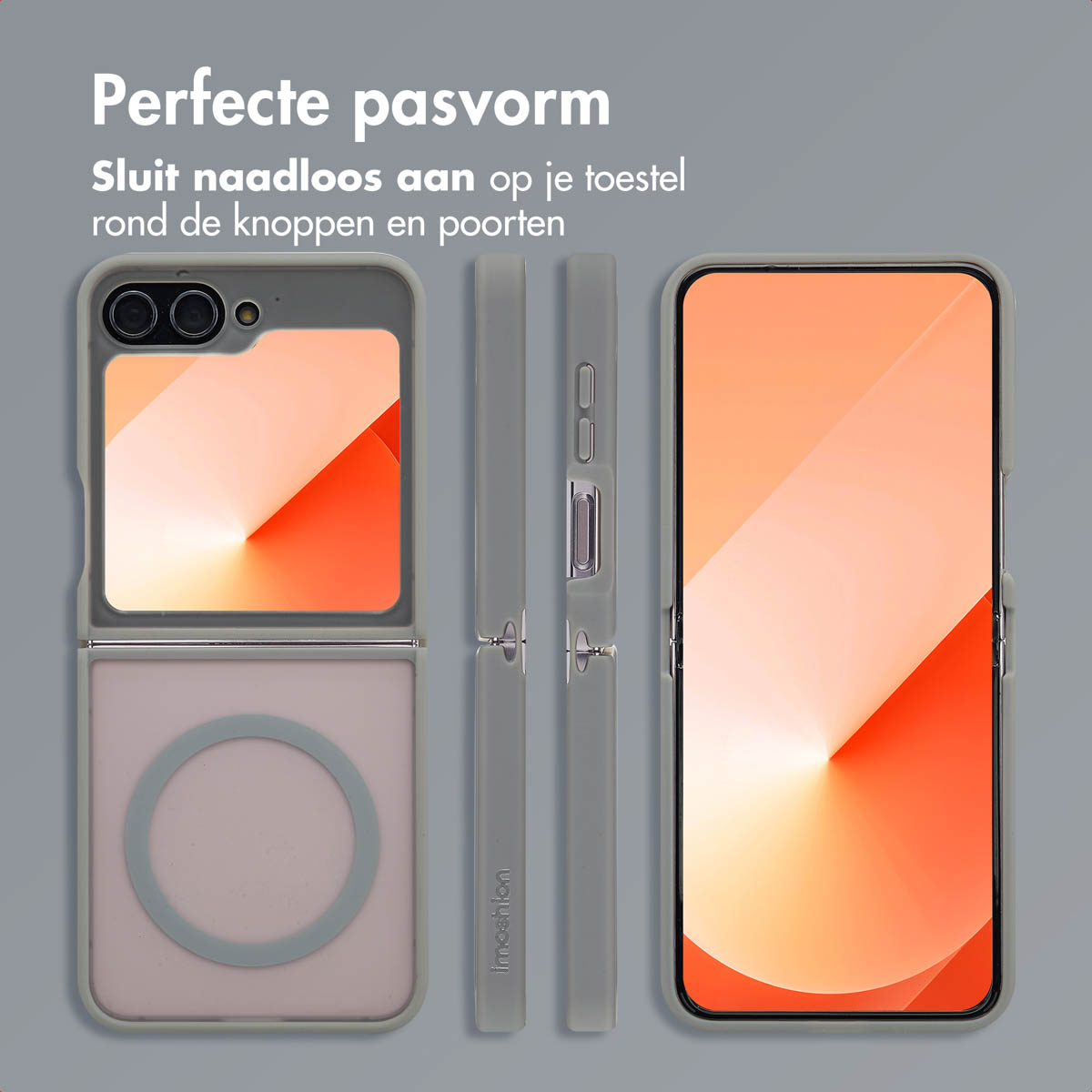 Een opvouwbare telefoonhoes in grijs. De telefoon is zichtbaar in de hoes. De tekst zegt 'Perfecte pasvorm'.