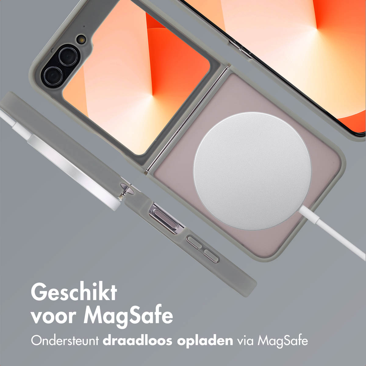 Telefoonhoesje met een witte oplaadcirkel. Telefoon is grijs en oranje.
