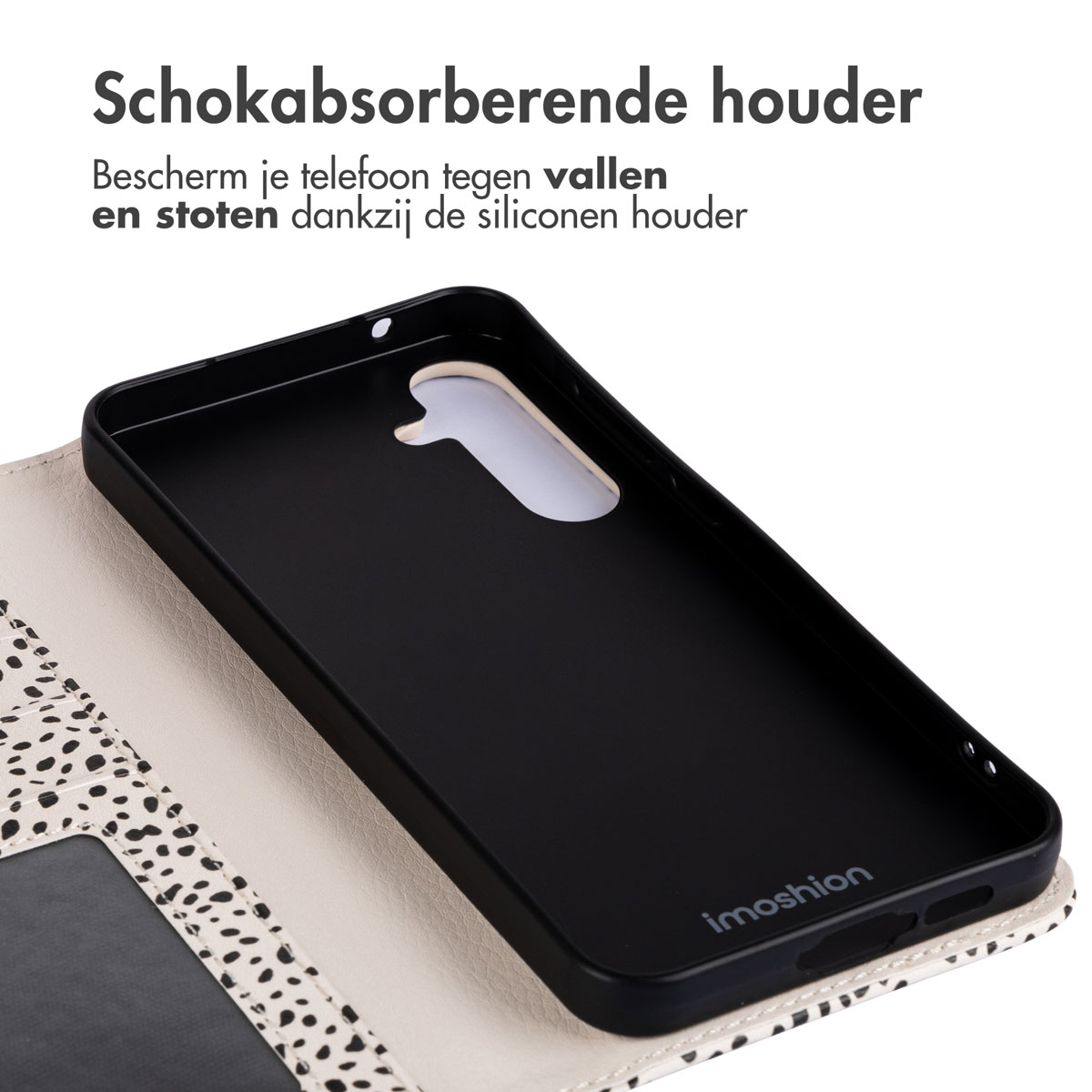 Intérieur de coque de téléphone noir avec motif noir et blanc. Logo Imoshion visible.