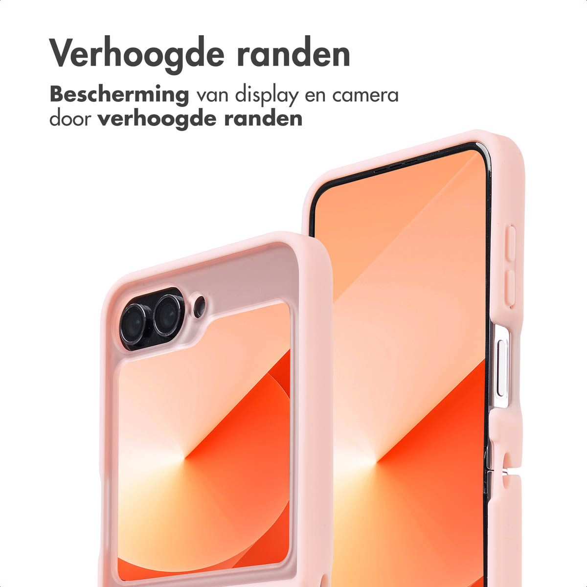 Roze telefoonhoes op een telefoon. De telefoonhoes heeft verhoogde randen. Witte achtergrond.