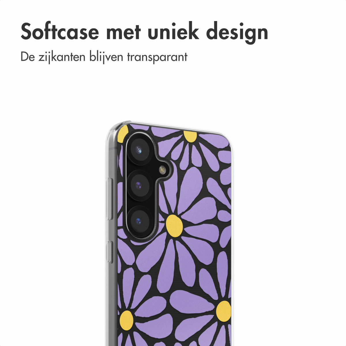 Coque de téléphone transparente avec un motif floral. L'étui a des fleurs violettes avec des centres jaunes sur fond noir.