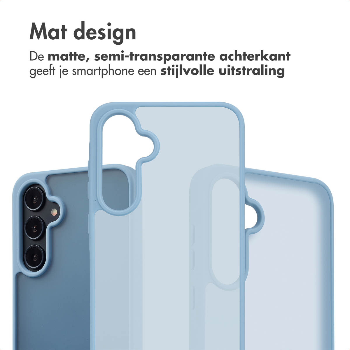 Blauwe telefoonhoesjes. Eén is transparant, met een blauwe telefoonhoes.
