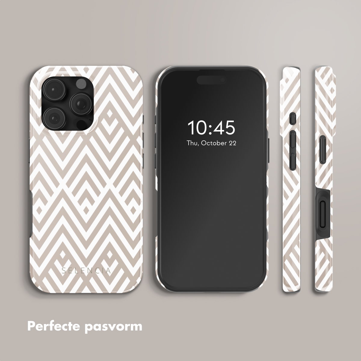 Een telefoon in een hoesje met een geometrisch patroon, naast de telefoon en de zijkanten van de hoes. De achtergrond is wit.