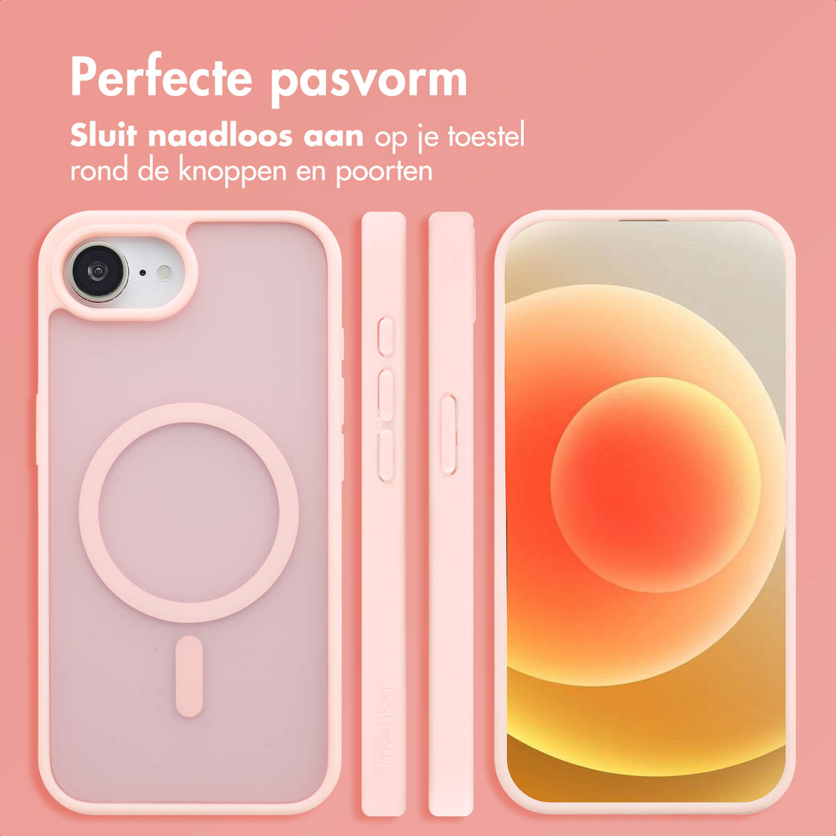Roze telefoonhoesje met cirkel en lijnen. Drie hoesjes, één met telefoon. Tekst: Perfecte pasvorm.