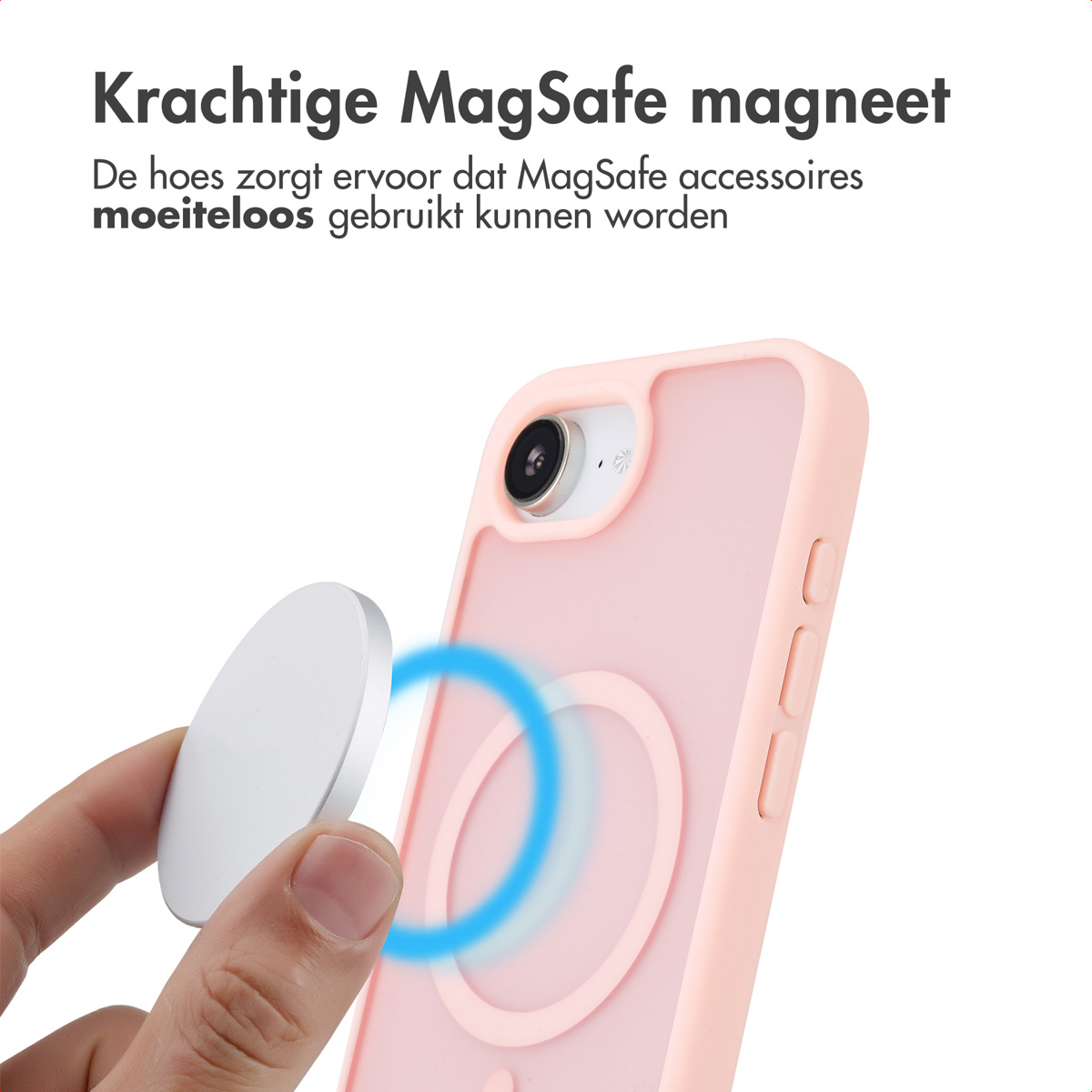 Een telefoonhoesje met een roze rand en een wit magnetisch accessoire dat eraan wordt bevestigd.