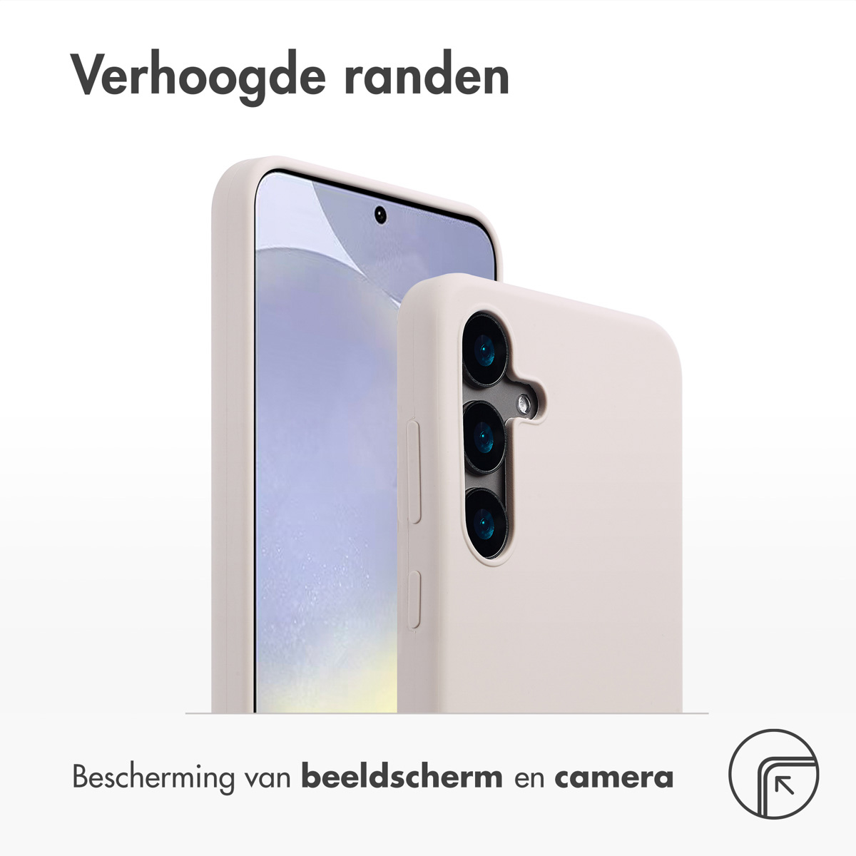 Téléphone dans une coque beige. Le téléphone est à l'intérieur. Protection écran et caméra. Fond blanc.