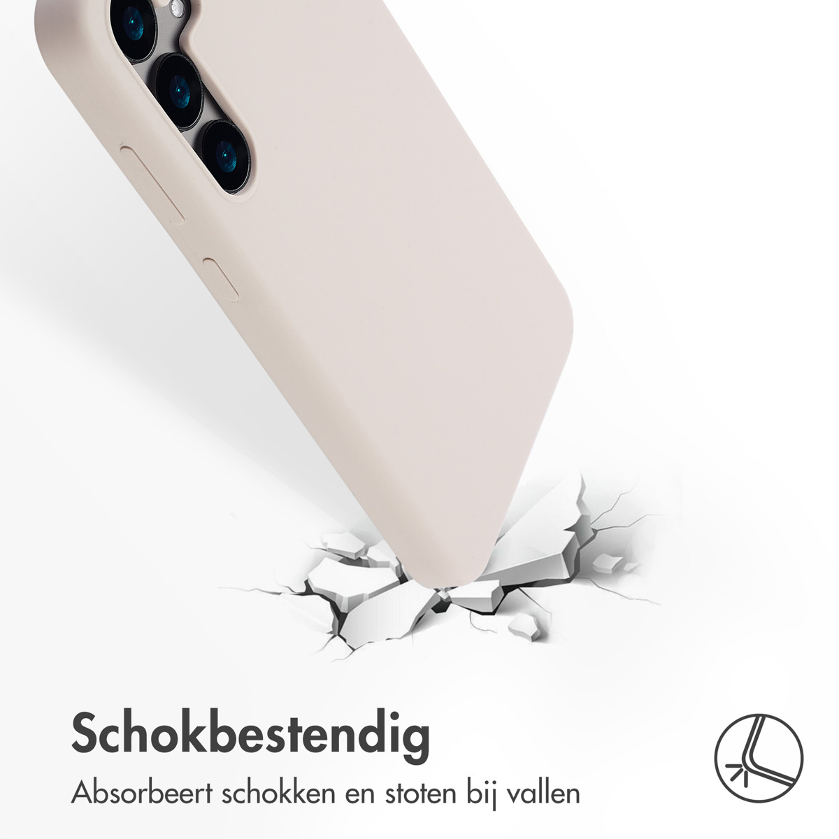 Coque de téléphone beige qui tombe et fissure la surface. Fond blanc.