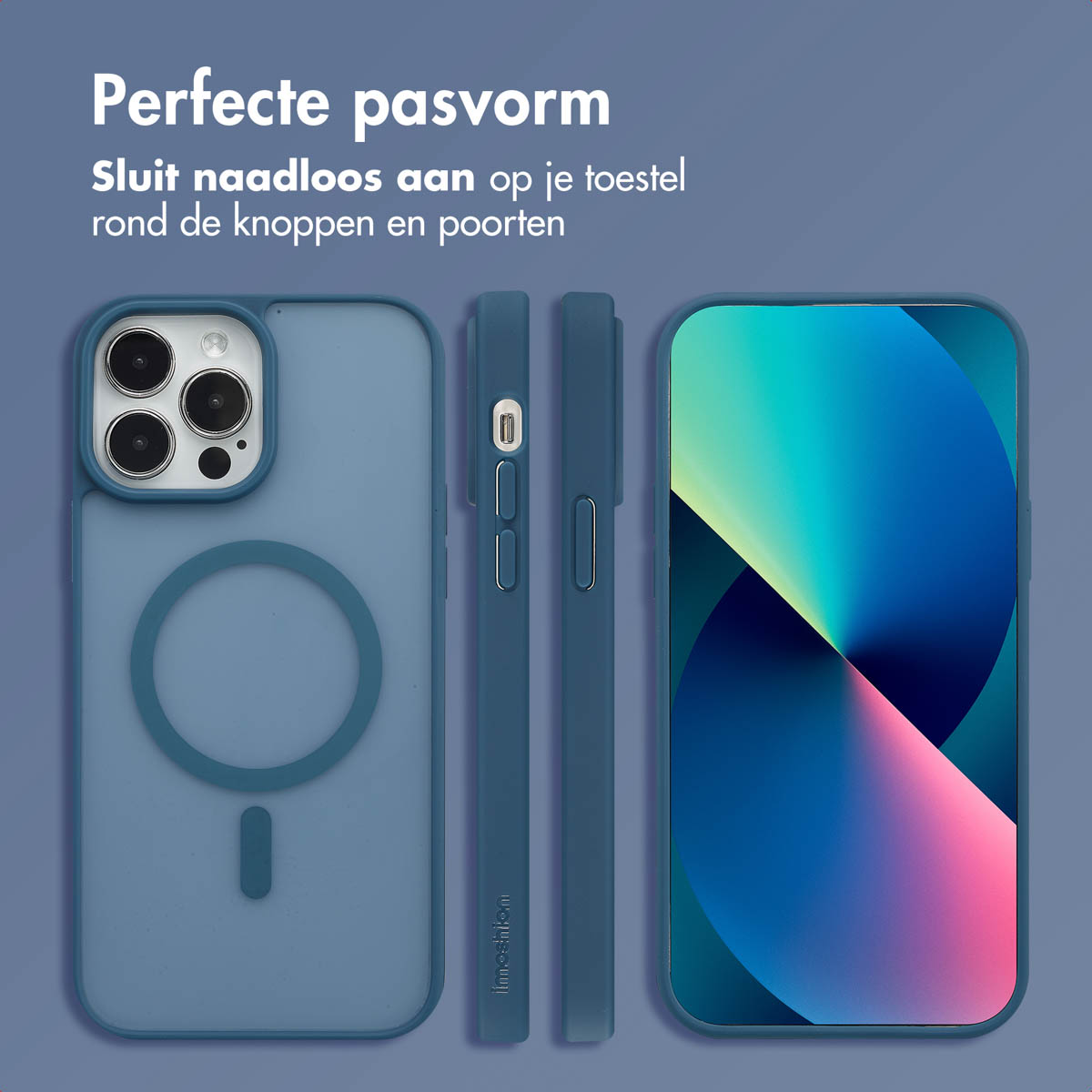 Blauwe telefoonhoes. Drie weergaven. Eén toont de binnenkant, één de zijkant, de derde op een telefoon.