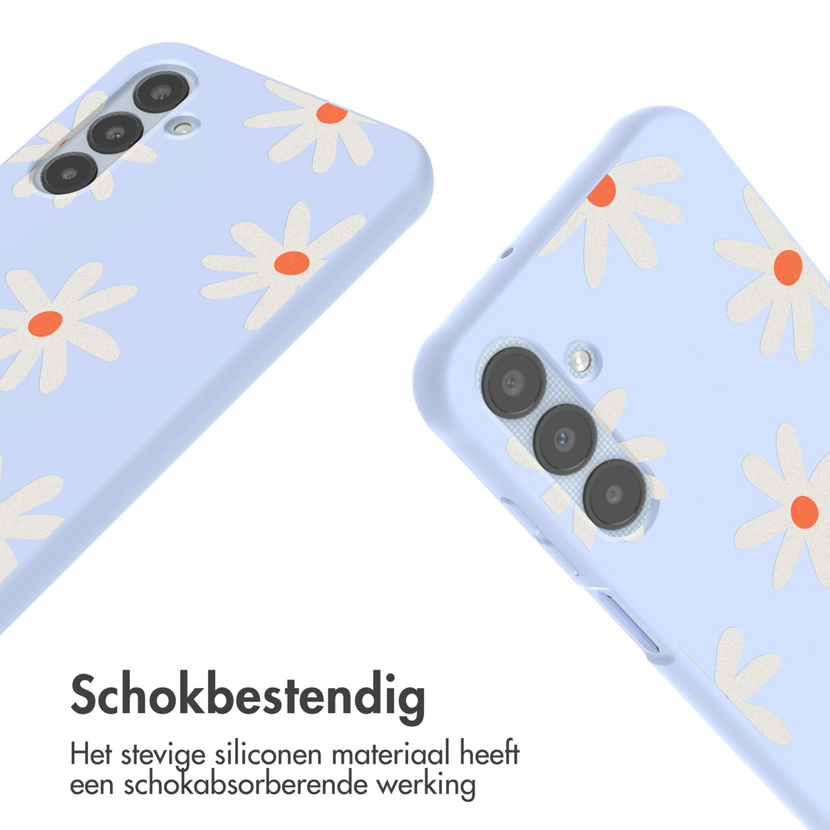 Twee telefoonhoesjes met madeliefpatronen. Eén staat schuin. De achtergrond is wit.