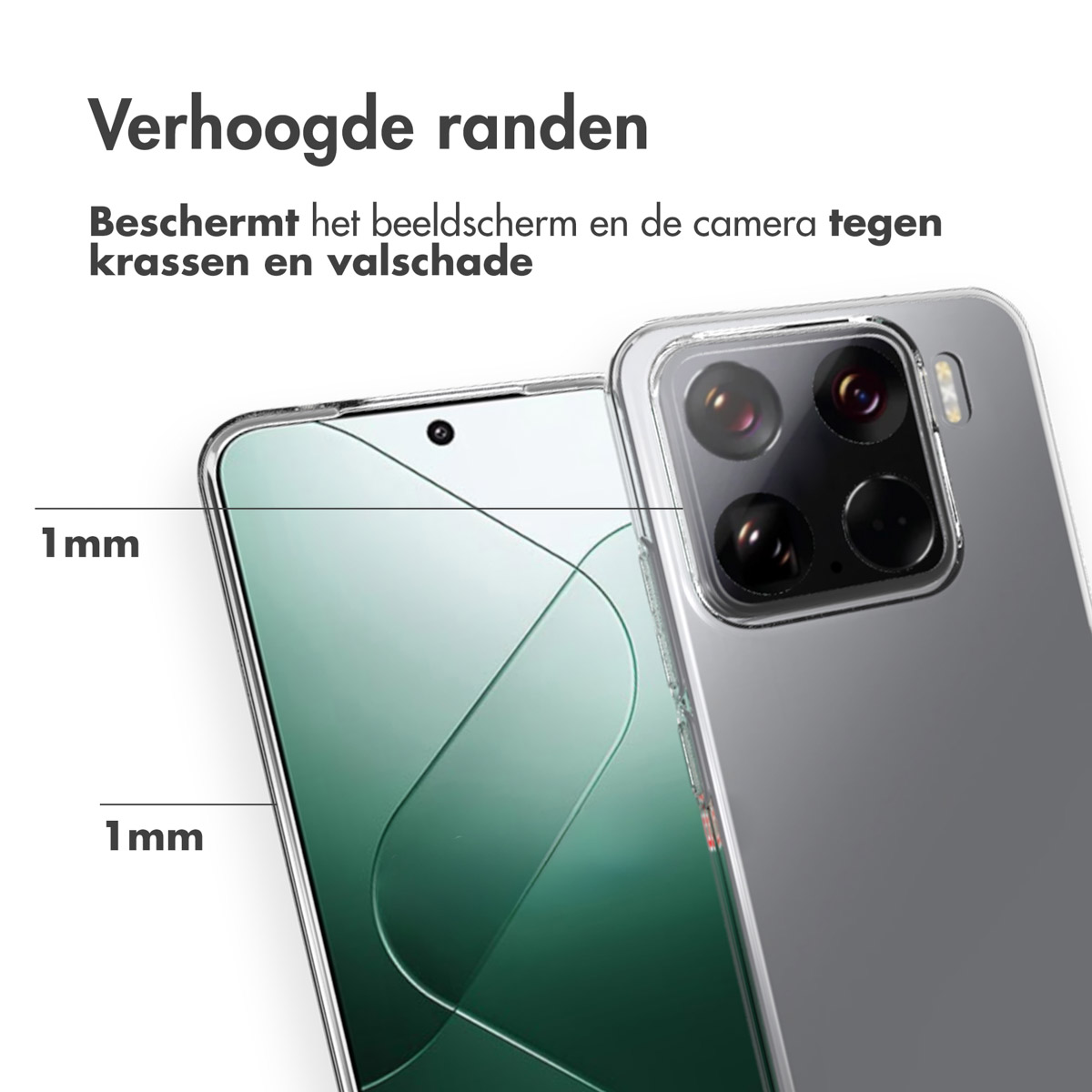 Telefono e custodia trasparente. La custodia trasparente ha bordi rialzati. Schermo e fotocamera protetti. 1 mm di distanza.