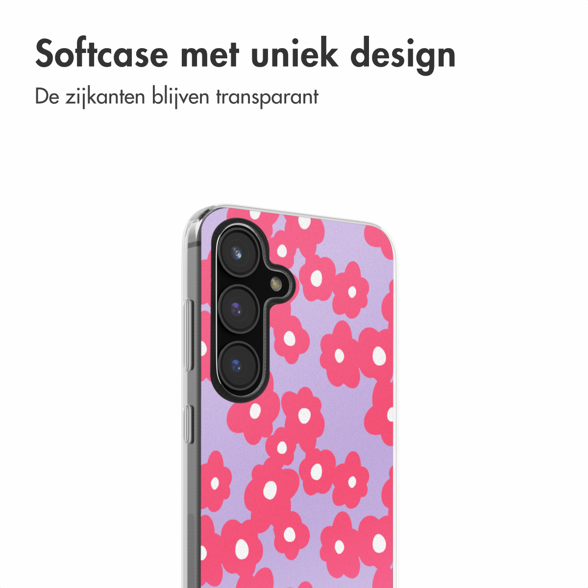 Een telefoonhoesje met een lila achtergrond en een patroon van rode bloemen.