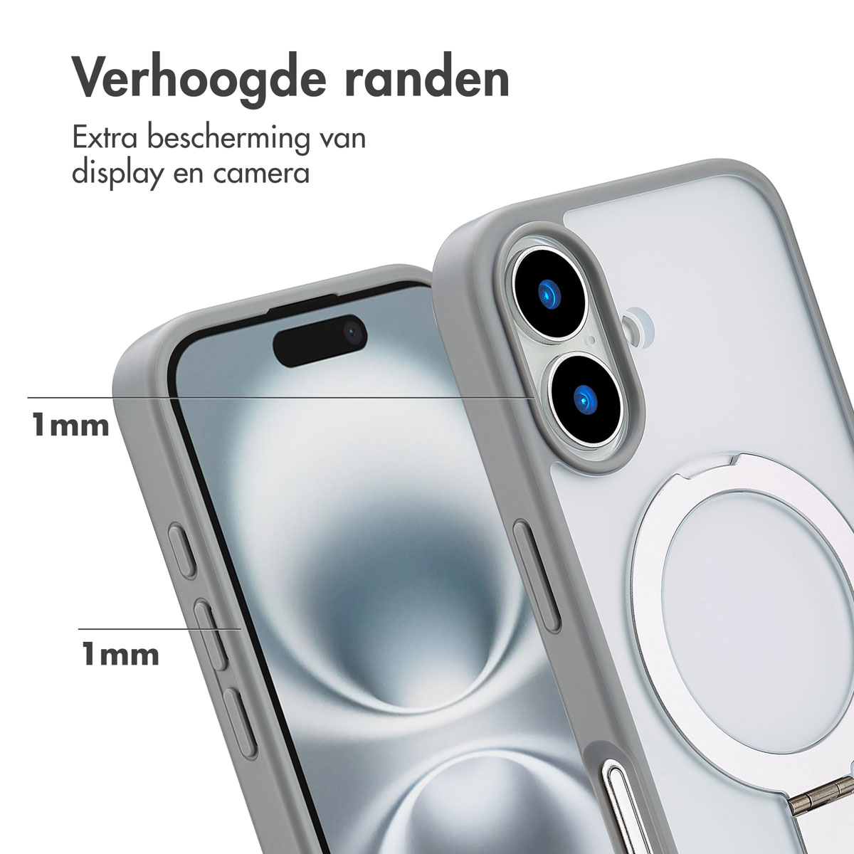 Twee hoesjes met grijze randen die scherm- en camerabescherming laten zien, witte achtergrond.