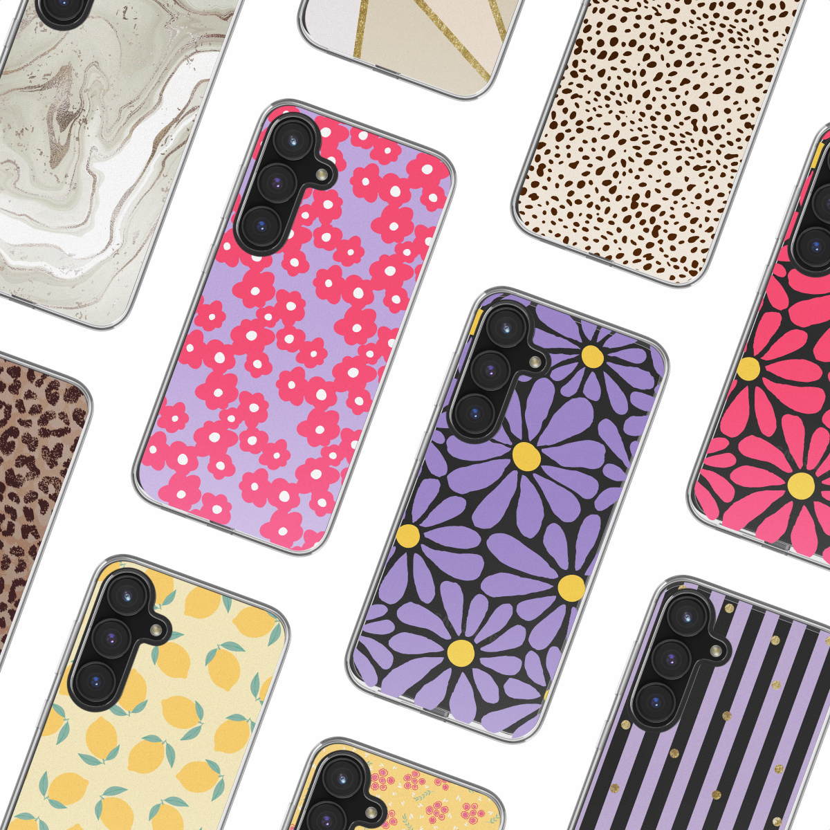 Verschillende telefoonhoesjes met verschillende ontwerpen. De hoesjes zijn op een wit oppervlak geplaatst.