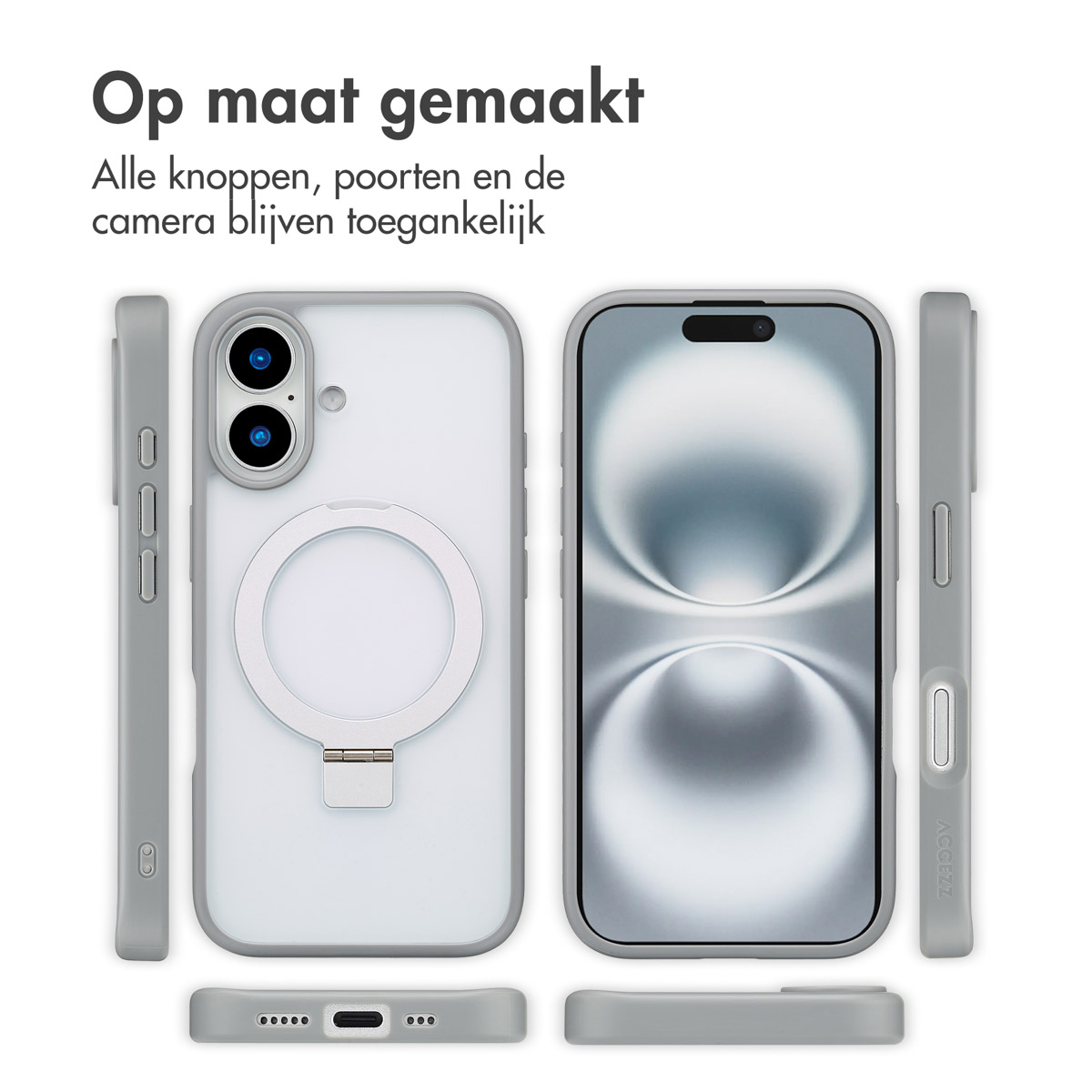 Verschillende aanzichten van een telefoonhoesje met metalen ring en camera-uitsparing, grijs.