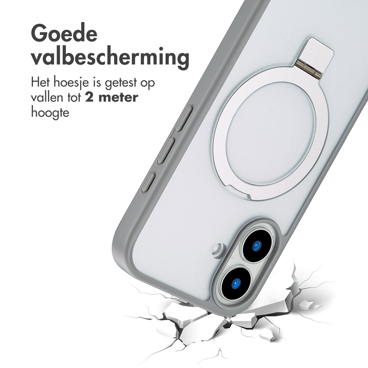 Een telefoonhoesje met ringstandaard, op een oppervlak met scheuren. De telefoon is zichtbaar.