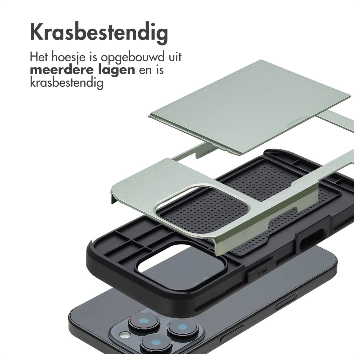 Exploded view van een telefoonhoesje, met lagen. De hoes is zwart met zilveren en grijze componenten.