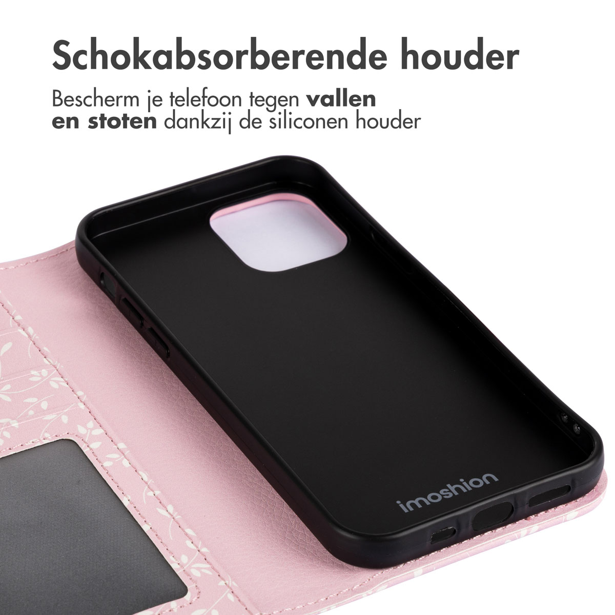 Zwarte telefoonhoes met een roze bloemenportemonnee-achtige cover. De hoes is open.