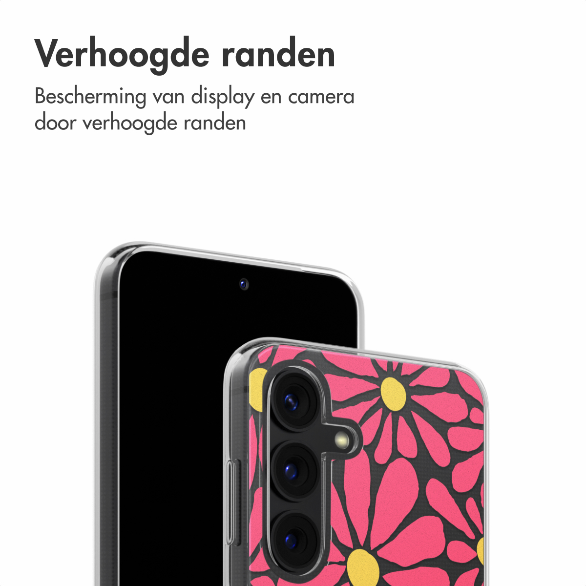 Téléphone dans coque transparente, autre coque avec motif floral rose et noir. Écran noir visible.