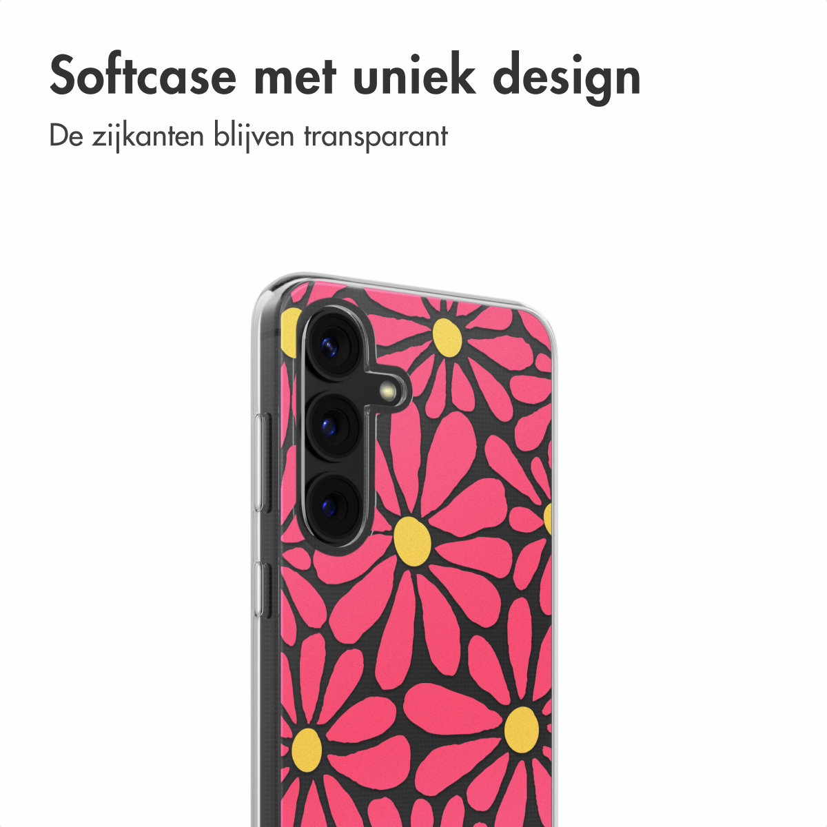 Coque de téléphone avec motif floral rose et rouge. Fond noir. Côtés transparents. Le téléphone est dans la coque.