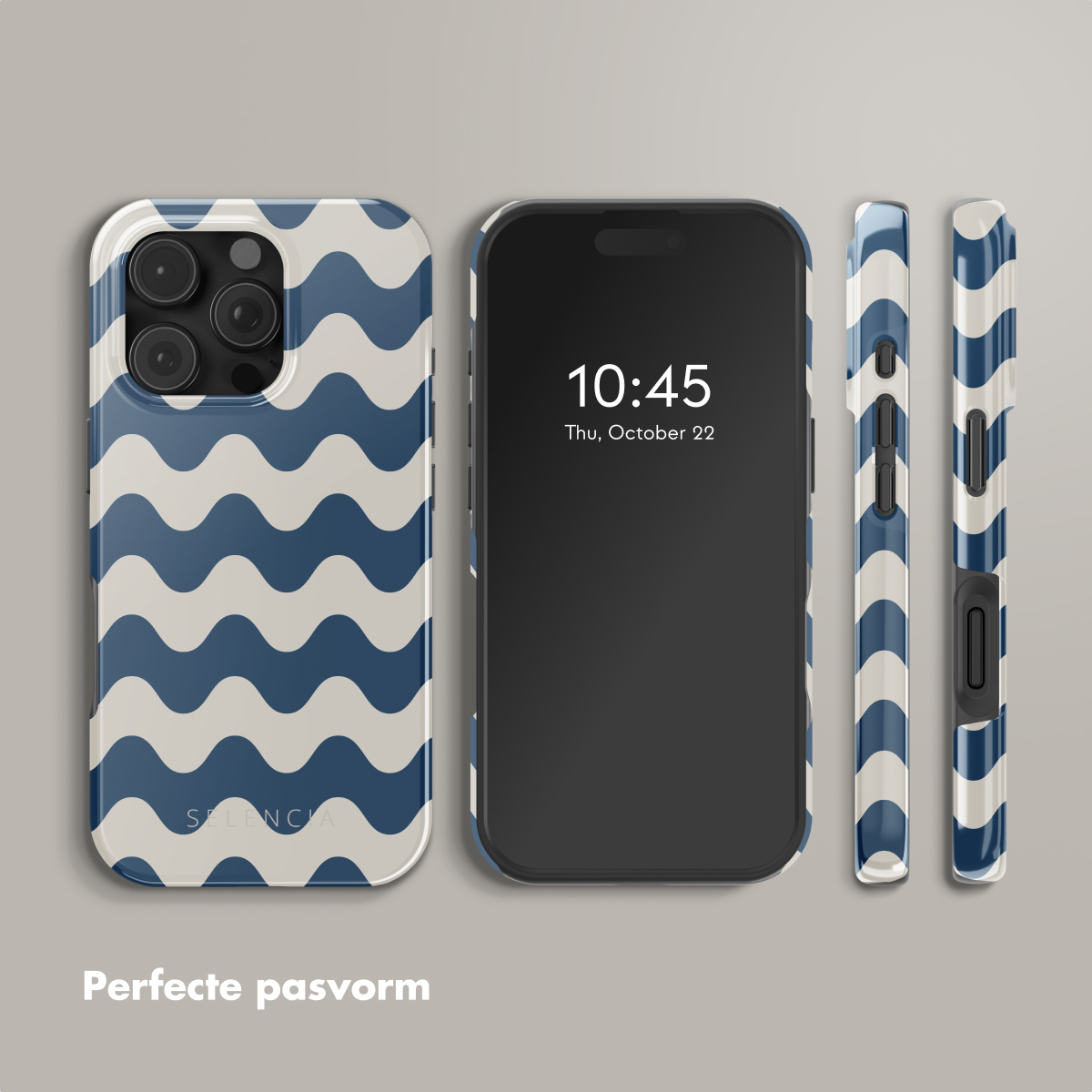 Een telefoon in een hoesje met drie aparte delen. De hoes heeft een golfpatroon en de tijd is 10:45.
