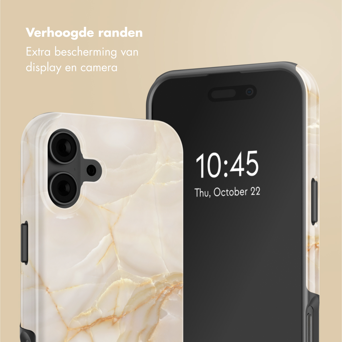 Due custodie per telefoni con un telefono all'interno. Una è bianca con un design marmorizzato, l'altra è nera.