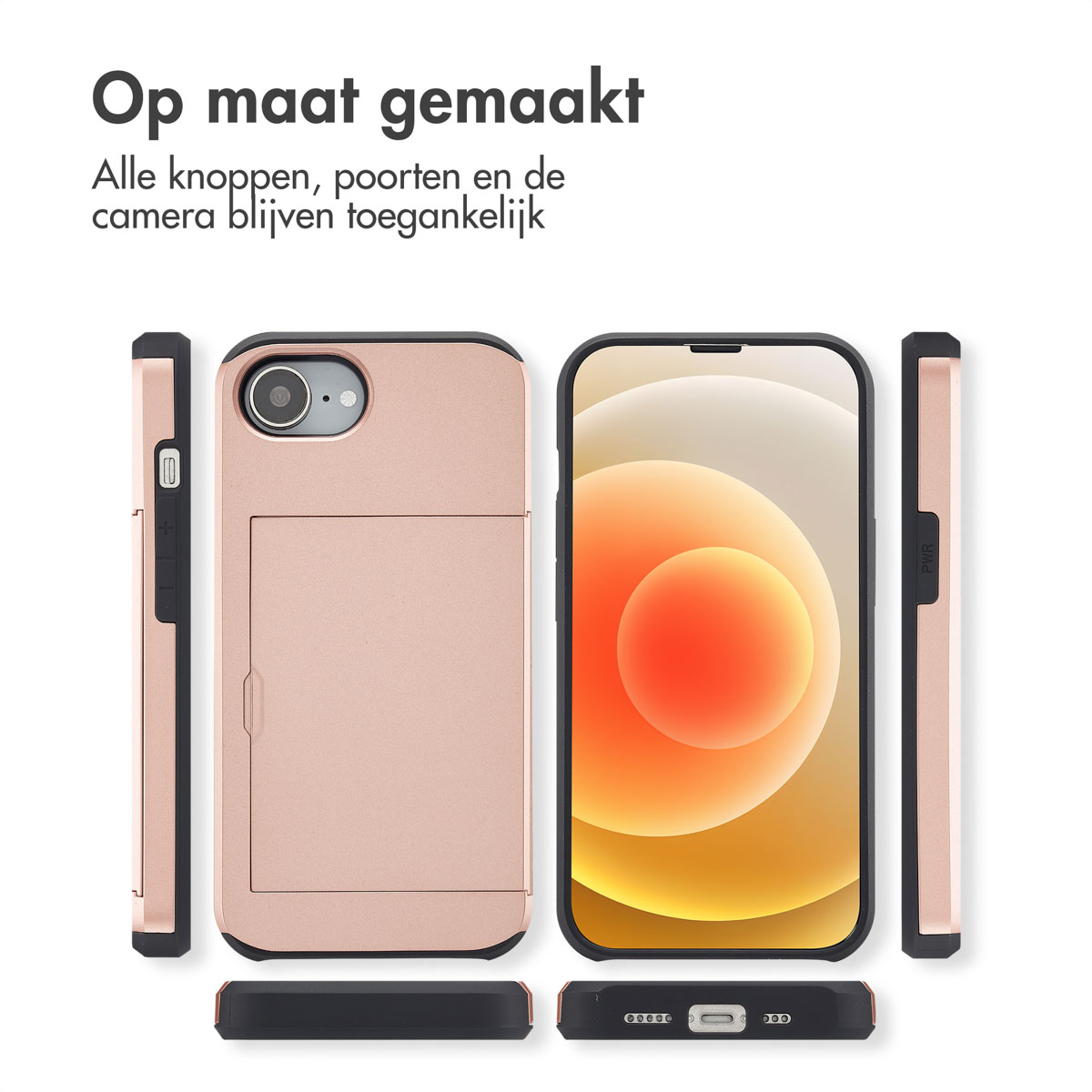 Roze telefoonhoes met een kaartsleuf en een telefoon erin. Toont de zijkanten, voorkant en achterkant.