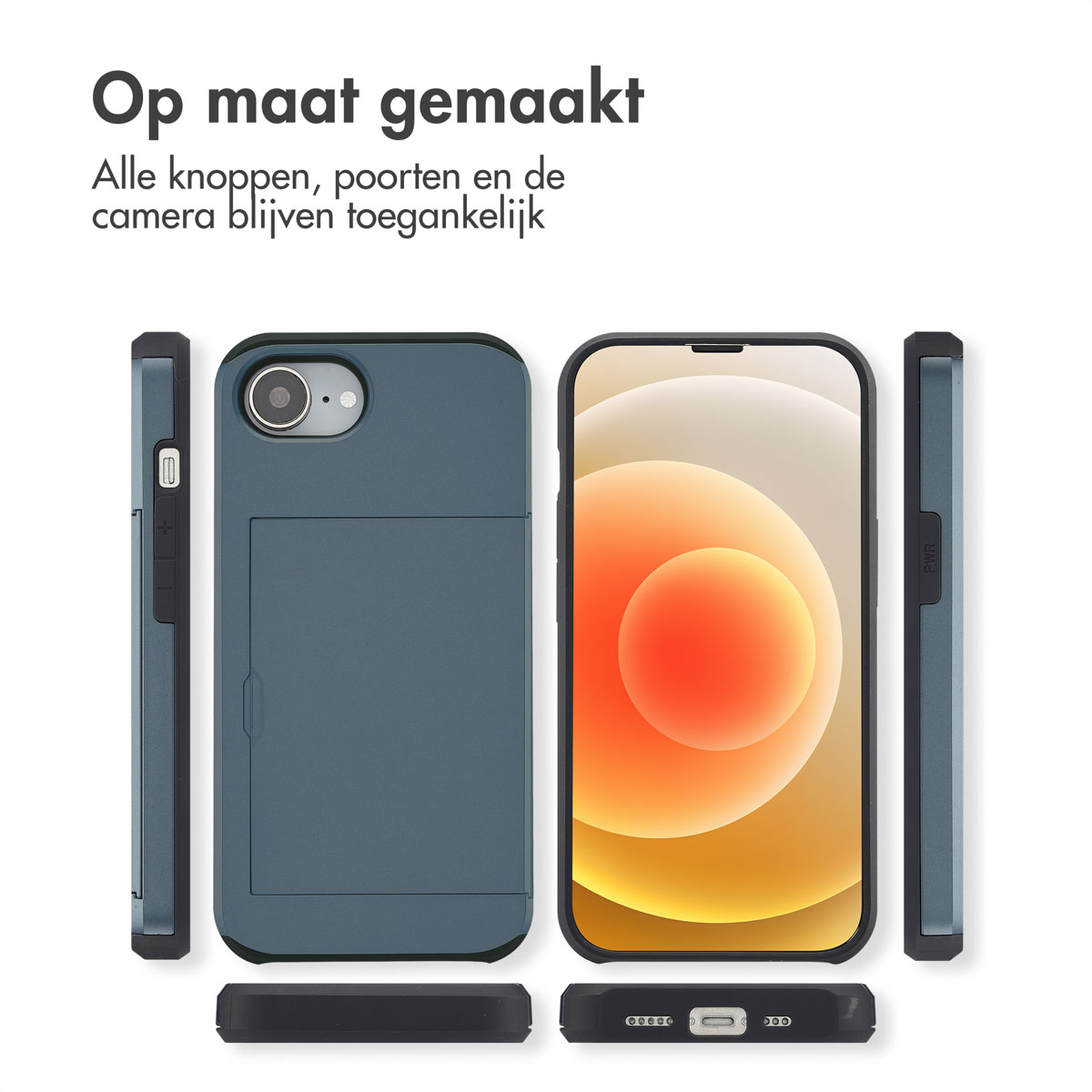 Donkerblauwe telefoonhoes, met telefoon en kaarthouder.