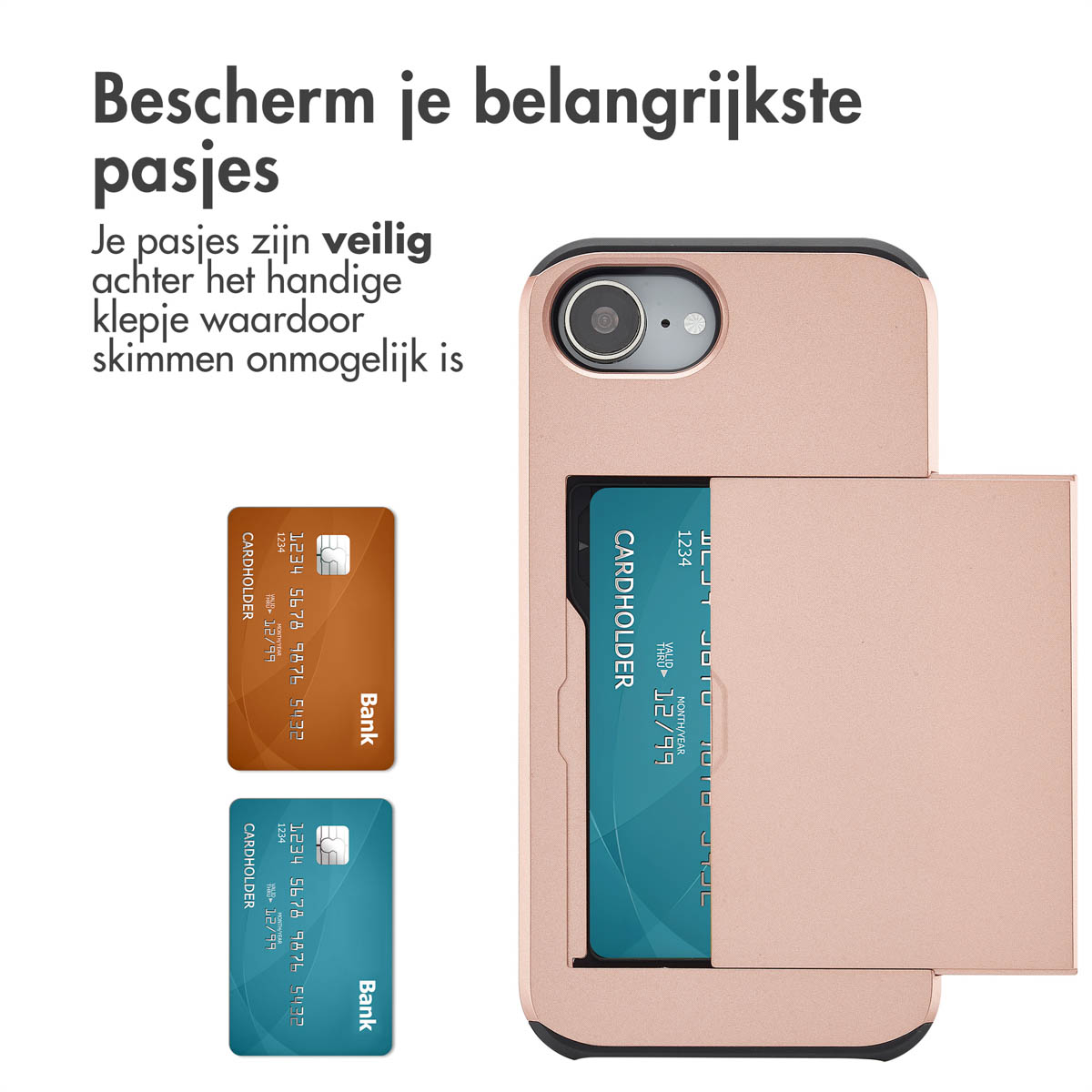 Telefoonhoesje met kaartsleuven, met kaarten. Roze-gouden hoes, oranje, blauwe kaarten.