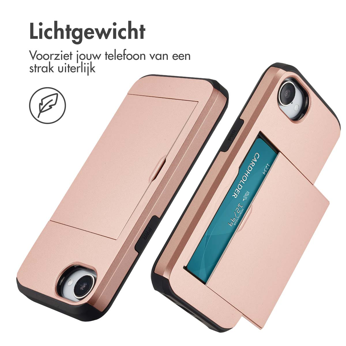 Roségouden telefoonhoesje, met een kaarthouder.
