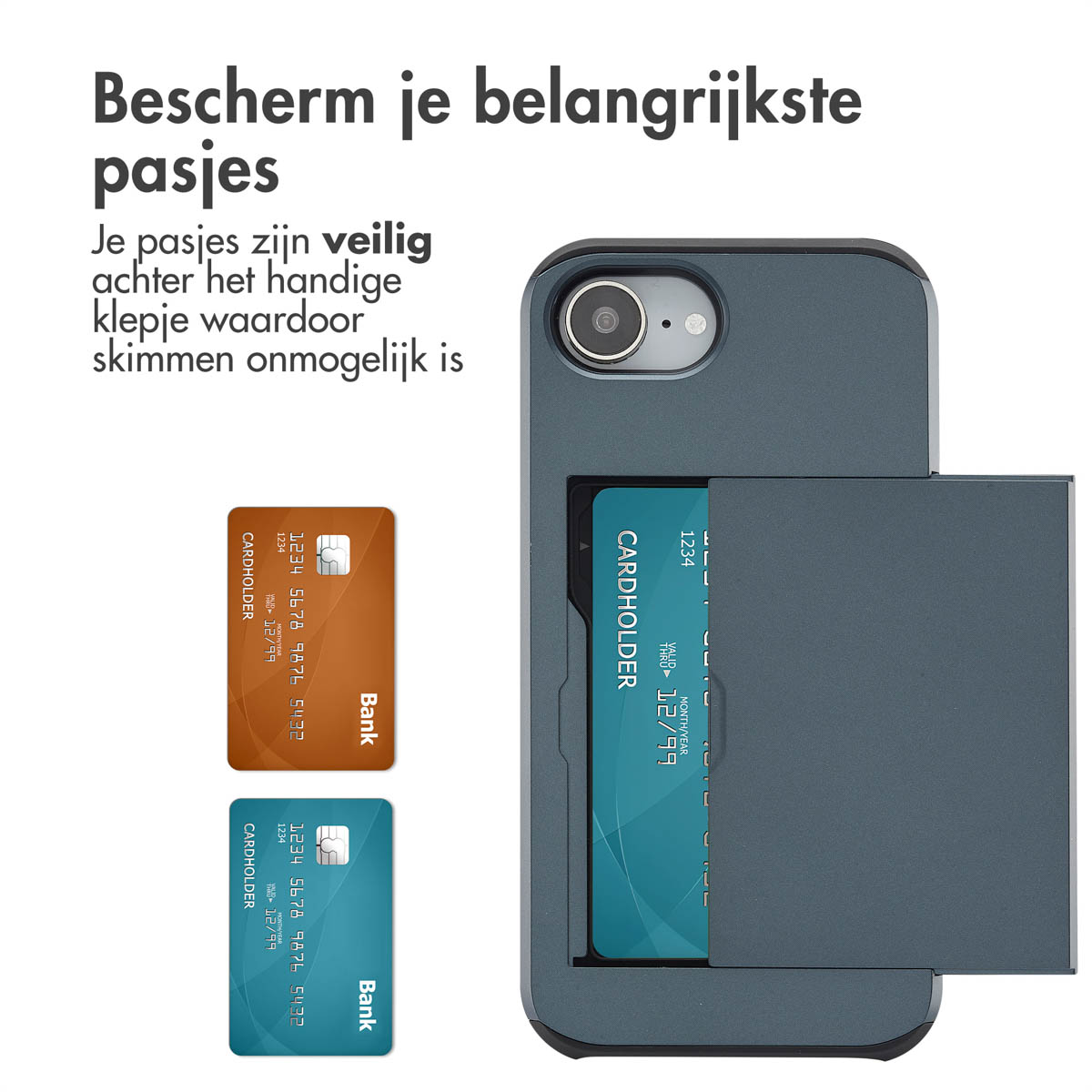 Een telefoonhoesje met sleuven voor kaarten. Er zijn twee kaarten zichtbaar.