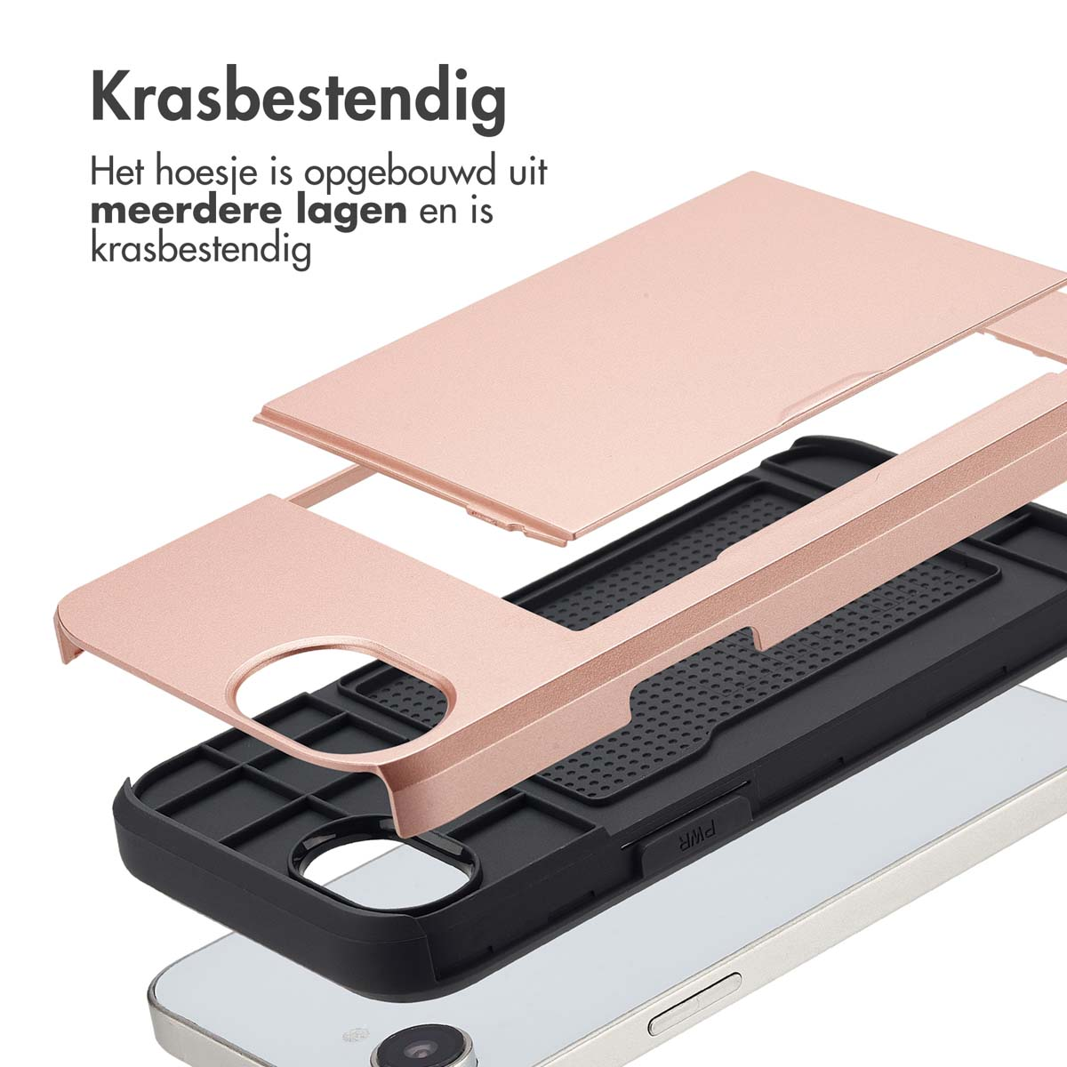 Uit elkaar gehaalde telefoonhoes met lagen. Bovenste en middelste lagen roségoud, zwarte binnenkant.